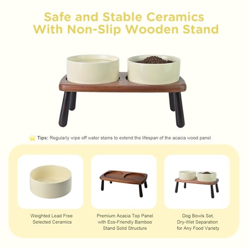 SPUNKYJUNKY Ceramic Elevated Dog Bowls Raised with Acacia Bamboo Wooden Stand, 6.1'' Dog and Cat Food Water Bowls Set Non-Slip for Small Medium Sized Breed Microwave Dishwasher Safe - 28.7 OZ,Beige - color: Beige, size: 6.1 in - Dual
