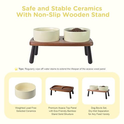 SPUNKYJUNKY Ceramic Elevated Dog Bowls Raised with Acacia Bamboo Wooden Stand, 6.1'' Dog and Cat Food Water Bowls Set Non-Slip for Small Medium Sized Breed Microwave Dishwasher Safe - 28.7 OZ,Beige - color: Beige, size: 6.1 in - Dual