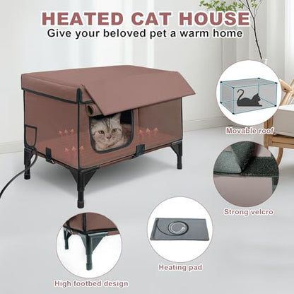 Heated Cat Houses for Outside Cats,Elevated Base Cat-Attracting Eave Design,Feral Stray Shelter Waterproof in Winter Garage Yard Porch,Cat Heated House for Indoor Outdoor(21" x 13" x 17")