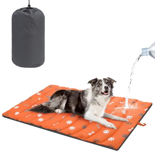 BEAUTYZOO Outdoor Dog Bed Waterproof, Camping Dog Bed Reversible, Portable Travel Bed with Carry Bag- Machine Washable, Durable, Foldable Outdoor Pet Bed Mat for Medium Large Dogs, 26" x 43" Orange - color: Orange, size: 43.0"L x 26.0"W x 2"Th