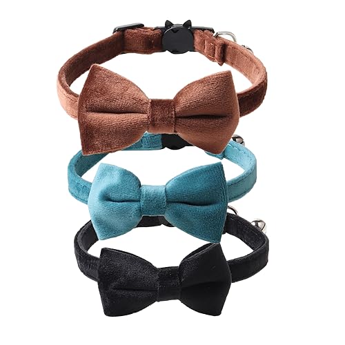 Love Dream Cat Collar Breakaway with Bow Tie and Bells - 3 Pack Velvet Girl Boy Kitty Safety Kitten Collars with Removable Bowtie for Cats Kittens, Black & Blue & Brown - color: Black & Blue & Brown