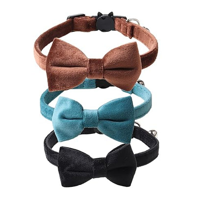 Love Dream Cat Collar Breakaway with Bow Tie and Bells - 3 Pack Velvet Girl Boy Kitty Safety Kitten Collars with Removable Bowtie for Cats Kittens, Black & Blue & Brown - color: Black & Blue & Brown