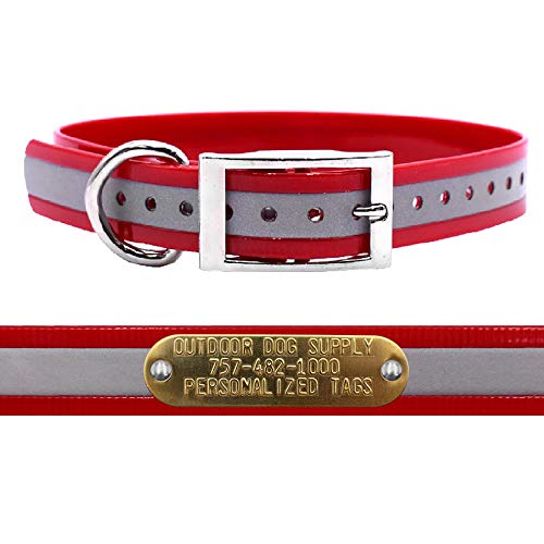 Outdoor Dog Supply 1" Heavy Duty Reflective Waterproof D-Ring Dog Collar for Medium & Large Dogs with 3/4" Custom Brass Nameplate (Reflective Red, 18") - color: Reflective Red, size: 18" Long
