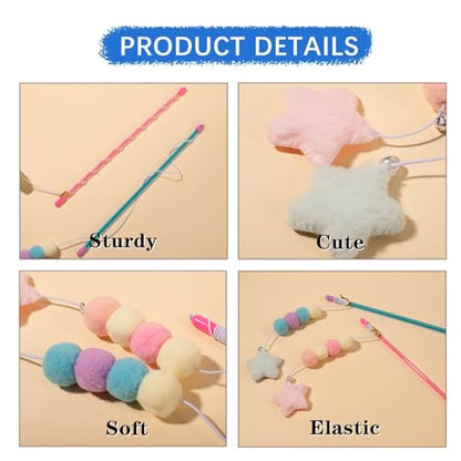 2 PCS Cat Wand Toy Interactive Cat String Toys Elastic Rope Plush Ball Star Pendant Cat Feather Toy Cat Stick Toy for Indoor Cat Mice and Animals Toys Pet Supplies