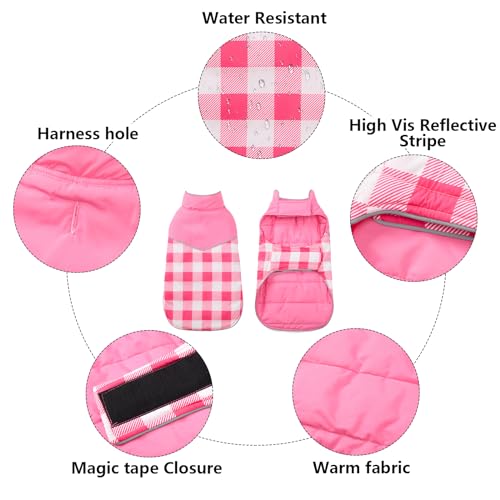 Geyecete Dog Winter Coat,Reversible Dog Coat Water Resistant British Style Plaid Dog Winter Coats Leash Hole Soft Basic Warm Dog Coat Jacket-Pink-M, Medium - color: Pink, size: Medium