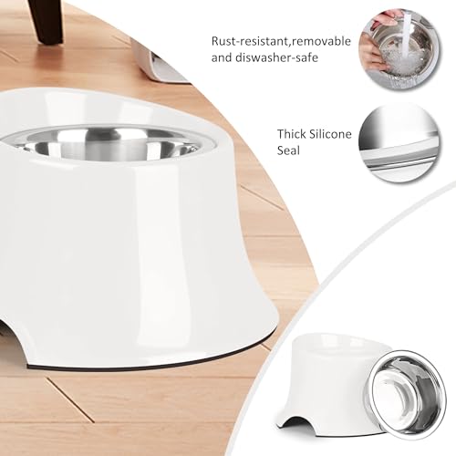 Tilted Elevated Dog Bowls Non-Slip & Non-Spill Pet Feeder with Elevated Detachable Melamine Stand, High Capacity Tilted Dog Bowl for Medium Small Size Dogs M/2 Cup White - color: White, size: M/2 Cup