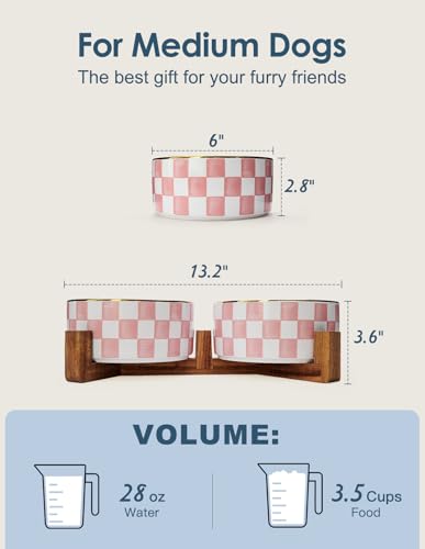 Ceramic Dog Bowls for Medium Dogs, 3.5 Cups Checkered Dog Food and Water Bowl with Acacia Wood Stand, Non-Slip Anti-Tip Elevated Feeding Station, Pink and White - color: Pink and White