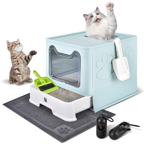 Cat Litter Box with Litter Mat, Foldable Extra Large Free in and Out/One-Way with Lid, Drawer Type Enclosed Kitty Litter Box,Odor Control Anti-Splashing Easy Cleaning (Light Blue) - color: Light Blue