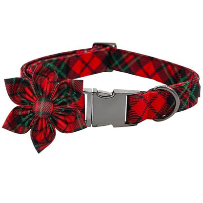 Dog Collar, Christmas Pet Collar with Flower Holiday Girl Boy Puppy Collar Adjustable for X-Small Dogs - color: Christmas PlaidⅡ, size: X-Small (Pack of 1)