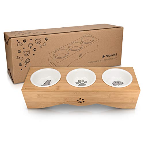 Navaris Cat Bowls with Stand - Elevated Triple Feeder for Cats - Ceramic Pet Bowl Dishes 3-Pcs Set with Printed Designs and Raised Bamboo Wood Holder