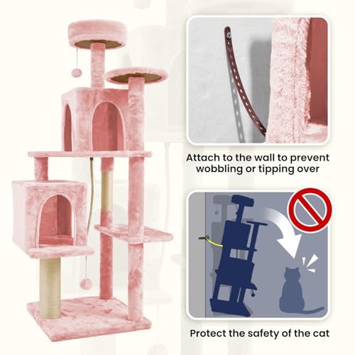 58.5inch Large Cat Tree Tower Condo for Indoor Cats, Soft Plush Multi-Level Climbing Tree Cat House with 1 360° Rotating Cat Cave, Scratching Post, More Entrance/Exit, Sisal Rope, Pink - color: Pink
