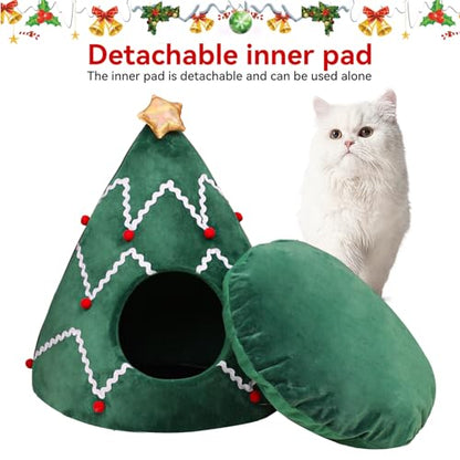 NIBESSER Cat Bed Christmas Tree Cat Tent House Self-Warming 2 in 1 Removable Comfortable Triangle Pet Teepee Xmas Dog Cave in Winter(Green/White)