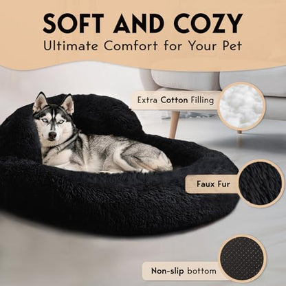 PetJett Large Dog Bed - 36'' Calming Donut Dog Beds, Anti-Slip & Washable Large Round Bed, Fluffy Faux Fur Pet Bed, Super Soft Anti-Anxiety Premium Comfort Bed, Fits Dogs up to 80 lbs - Black - color: Black, size: Large - 36”L x 36”W x 8”Th