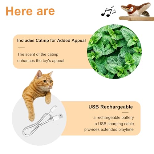 Flapping Bird Cat Toy, No Flying, Flapping & Chirping Wings Sparrow with Catnip, Rechargeable Touch Activated for Cats, Kitten or Small Dogs to Interact & Play