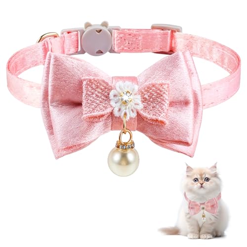 JJUNW Cat Collar Breakaway, Cat Collar with Pearl Pendant Quick Release Safe Buckle Pink Bowtie Adjustable Baby Kitten Collars Cute Cat Collar for Girl Cat (Style1)