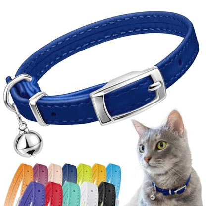 CollarDirect Leather Cat Collar with Removable Bell – Safety Elastic Strap (Breakaway Alternative) – Kitten Collar for Small & Big Boy & Girl Cats - color: Navy Blue, size: Neck Fit 6"-7"