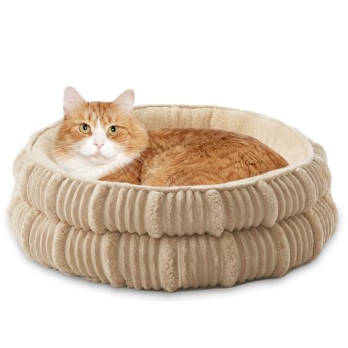 Cat Beds for Indoor Cats,Kitten Bed,Dog Bed for Small Dogs Breeds,Puppy Kennel Bed, Comfy Durable Pet Sleeping Bed, Washable Roun Cat Beds & Non-Slip Bottom, Beige 20" L x 20" W x 8" Th - color: Beige1, size: Medium