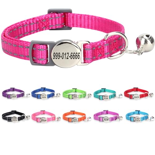 Engraved Personalized Cat Collar,Breakaway Safety Release Buckle,Reflective Kitten Collars with ID Name Tag,Adjustable Nylon Collar with Bell for Small Dogs Puppy Kitten Cat,Rose Red(7.5''-12.0'') - color: Rose Red