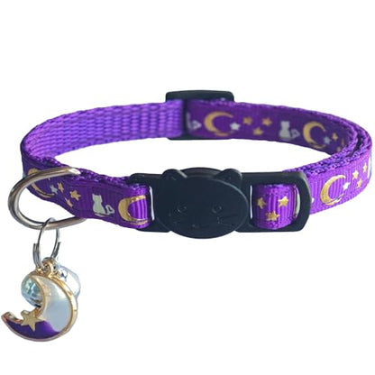 2 Pack Breakaway Cat Collars, Glow in Dark with Bell & Moon Star Pendant, Safety Buckle Kitten Collars Adjustable from 6.9-10.7" (Black/Purple) - color: Black & Purple, size: 6.9 - 10.7 in