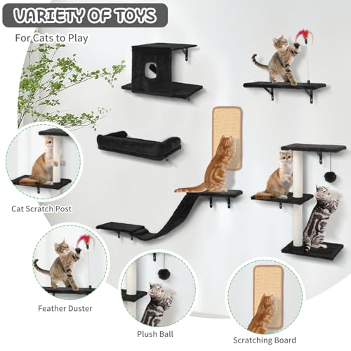 Cat Wall Shelves, 6 in 1 Cat Wall Furniture Set with Condos House, Bed, Bridge, Tree, Steps, Scratching Board, DIY Walls Playground for Indoor (Black) - color: Black