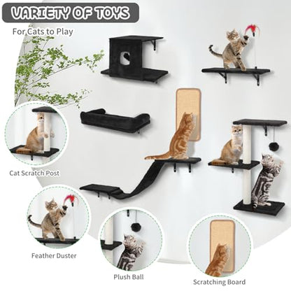 Cat Wall Shelves, 6 in 1 Cat Wall Furniture Set with Condos House, Bed, Bridge, Tree, Steps, Scratching Board, DIY Walls Playground for Indoor (Black) - color: Black