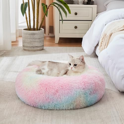 WESTERN HOME WH Calming Dog & Cat Bed, Anti-Anxiety Donut Cuddler Warming Cozy Soft Round Bed, Fluffy Faux Fur Plush Cushion Bed for Small Medium Dogs and Cats (20"/24"/27"/30") - color: Rainbow, size: 20.0"L x 20.0"W x 6.0"Th