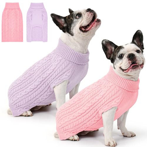 2 Pack Dog Sweaters for Medium Dogs Winter Turtleneck Pullover Cable Knit Fleece Stretch Frenchie Dachshund Pug Corgi Beagle Boy Girl Pet Clothes (M, Pink & Purple) - color: Pink & Purple, size: Medium
