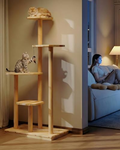 Outdoor Cat Tree, 60" Tall Cat Tower Weatherproof for Patio,Balcony,Garden, Durable 4-Tier Natural Wood w/Scratching Posts for Multiple Cats,Outside&Indoor Adult Cats and Kittens Play, Climbing