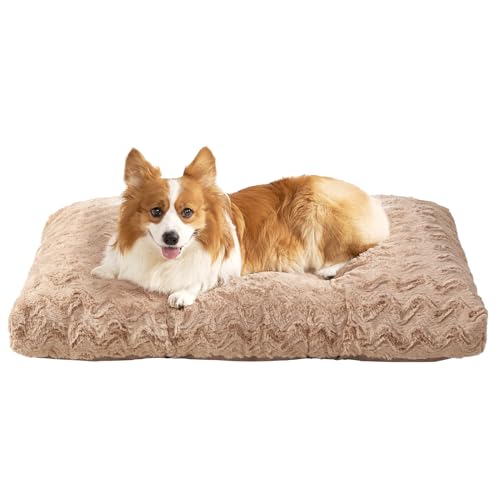 EHEYCIGA Washable Large Dog Bed for Crate 35x23 Inch, Reversible Kennel Pad for Dogs Weight Up to 45 lbs, Plush and Comfy Pet Sleeping Mat, Camel - color: Camel, size: 35" x 23"x 3.5"