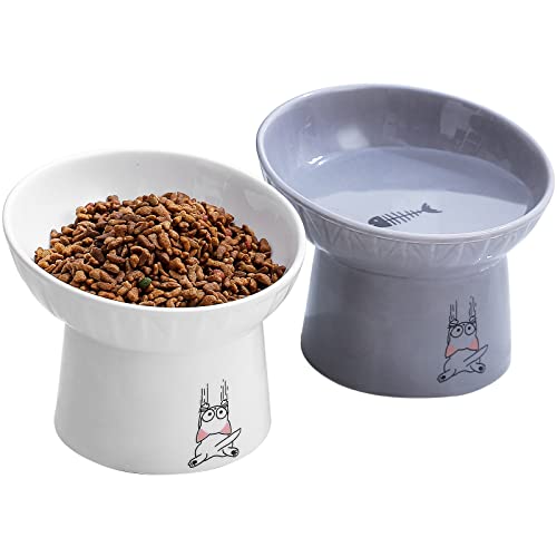 6.5 Inch Extra Wide Ceramic Raised Cat Bowl Set, Tilted Elevated Cat Bowls for Food and Water, Prevent Whisker Fatigue, Stress Free, Less Vomiting, Protect Spine, White & Grey - color: White & Grey