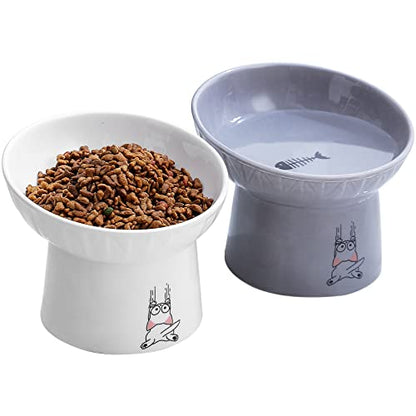 6.5 Inch Extra Wide Ceramic Raised Cat Bowl Set, Tilted Elevated Cat Bowls for Food and Water, Prevent Whisker Fatigue, Stress Free, Less Vomiting, Protect Spine, White & Grey - color: White & Grey