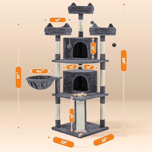 Yaheetech | 68.5in Cat Tree | for Large Cats | Multi-Level Cat Tower with 3 Wide Perches, Large Condo | Stable Pet Play House w/Sisal-Covered Scratching Posts & Board | Dark Gray - color: Dark Gray, size: 68.5in