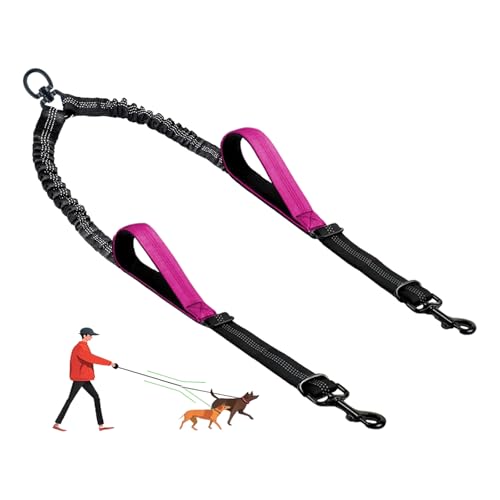 Double Dog Leash - No Tangle Splitter for Two Dogs, Coupler with Adjustable Long Lead Rope, Dual Control Handles, Retractable No Pull Bungee, Walk Train Small Medium Large 2 Pets (Fuchsia) - color: Fuchsia