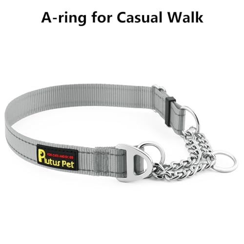 Plutus Pet Martingale Dog Collar with Stainless Steel Chain and Reflective Nylon, Adjustable No Pull Training Collar, for Small Medium, and Large Dogs, Gray, M - color: Gray, size: Medium