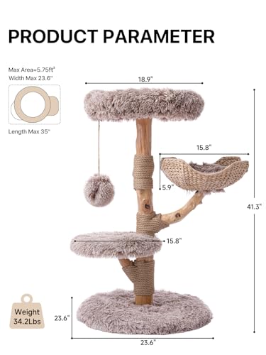 Sopapets Solid Wood Cat Tree for Large Cats, 41.3" Modern Cat Tower with Heavy Duty Real Branch & Hand-Woven Basket, Sisal Scratching Posts & Cozy Bed, Luxury Furniture for Indoor & Maine Coon, Beige - color: Beige