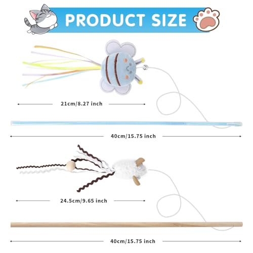 NOWFRESH Cat Wand Toy Set, 2 PCS Interactive Cat Teaser Wands with Cute Kitty & Rabbit Designs, Equipped with Bells and Streamers to Captivate Your Cat’s Attention - color: kitty and rabbit