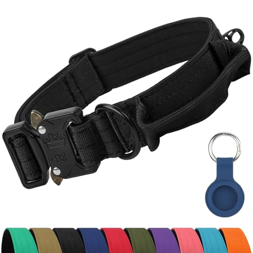 Joytale Tactical Dog Collar for Medium Dogs with Control Handle, Heavy Duty Military Training Collar for Power Breeds, AirTag Holder Case, Quick Release Metal Buckle, Soft Padded, M, Black - color: Black, size: M-1.0"×14-18"