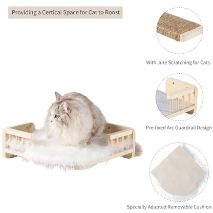 Cat Wall Shelves with 3 Steps Scratch Post, Climbing Shelf and Hammock for Indoor Cats (Wood)