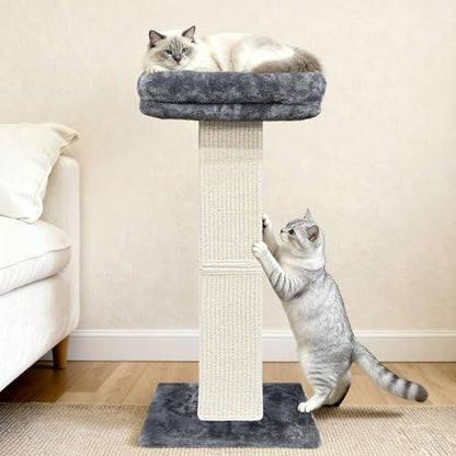 Cat Scratching Post, 32”Cat Scratcher with Large Plush Perch, Sisal & Carpet Scratching Post, Vertical Posts with Elevated Bed for Indoor Cats, Removable& Washable Cover, Grey - color: Grey with Bed