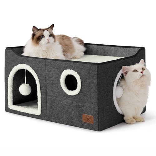Bedsure Large Cat Beds for Indoor Cats - Extra Wide Cat Cube House for Small Pet with Fluffy Ball Hanging and Scratch Pad, Foldable Pet Cave Hideaway for Multiple Cats, 23.6x16.9x13 inches, Dark Grey - color: Dark Grey, size: Widen