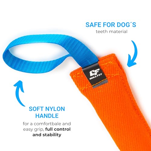 Bull Fit K9 Dog Bite Tug Toy with Strong Handle - Made of Durable & Tear-Resistant French Linen - Perfect for Tug of War, Fetch & Puppy Training - Ideal for Medium to Large Breeds - color: Orange Bite Tug with Blue Handle