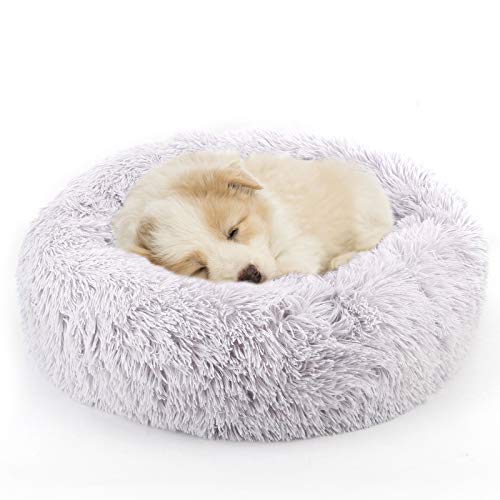 Calming Donut Dog Bed for Small to Medium Dogs & Cats - Plush Faux Fur Anti-Anxiety Pet Bed with Machine Washable Cover & Non-Slip Base - color: Light gray, size: X-Small 15.7''