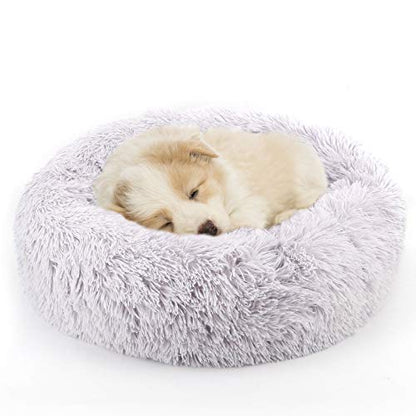 Calming Donut Dog Bed for Small to Medium Dogs & Cats - Plush Faux Fur Anti-Anxiety Pet Bed with Machine Washable Cover & Non-Slip Base - color: Light gray, size: X-Small 15.7''