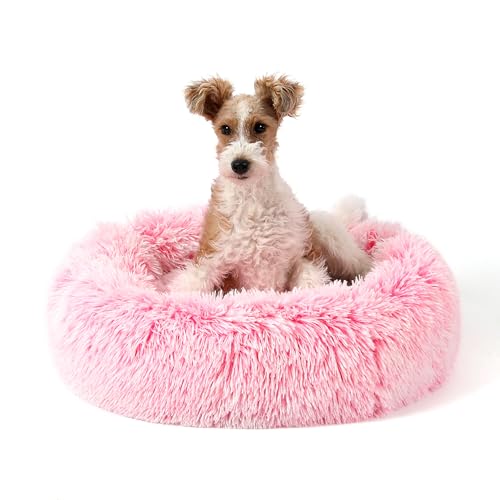 Calming Donut Dog Bed for Small to Medium Dogs & Cats - Plush Faux Fur Anti-Anxiety Pet Bed with Machine Washable Cover & Non-Slip Base - color: Gradient Pink, size: Small 19.6''