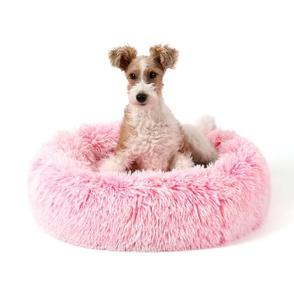 Calming Donut Dog Bed for Small to Medium Dogs & Cats - Plush Faux Fur Anti-Anxiety Pet Bed with Machine Washable Cover & Non-Slip Base - color: Gradient Pink, size: Small 19.6''