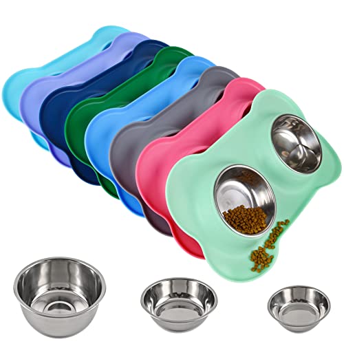 Dog Bowls 2 Stainless Steel Bowl for Pet Water and Food Feeder with Non Spill Skid Resistant Silicone Mat for Pets Puppy Small Medium Cats Dogs - color: Green, size: 13½ oz ea