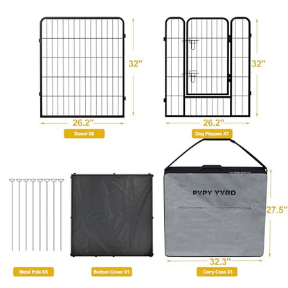 Dog Playpen with Bottom and Storage Bag, 32" H 8 Panels Puppy Pen with Square Bottom, Heavy Duty Dog Fence for Small/Medium Dogs - style: 32"H 8Panels