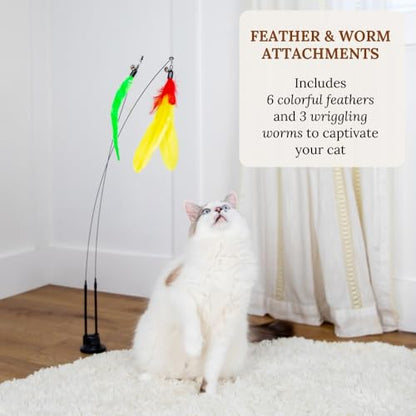 Cat Wand Toy for Indoor Cats - 43 Inch Retractable Fishing Pole Teaser - 9 Feather Attachments - Weighted Round Base - Suction Cup Mount - Bored Adult Feline Hunting Exercise - Kitten Juguetes Set - color: Meow Motion Bundle