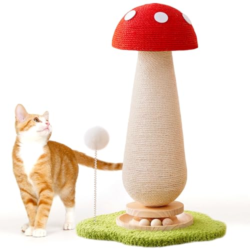 Mushroom Cat Scratching Post Cat Tree, 21.5‘’ H Cute Cat Scratcher Tower with Durable Solid Wood Turntable Toy, Mushroom Scratch Post Cat Sisal Scratcher with Catnip for Indoor Adult Cats - color: Mushroom