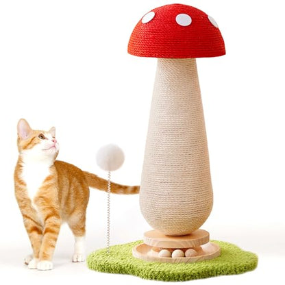 Mushroom Cat Scratching Post Cat Tree, 21.5‘’ H Cute Cat Scratcher Tower with Durable Solid Wood Turntable Toy, Mushroom Scratch Post Cat Sisal Scratcher with Catnip for Indoor Adult Cats - color: Mushroom